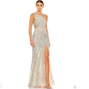 SEQUINED ONE SHOULDER DRAPED LACE UP GOWN Size 2 COLOR—Nude/Silver New With Tags